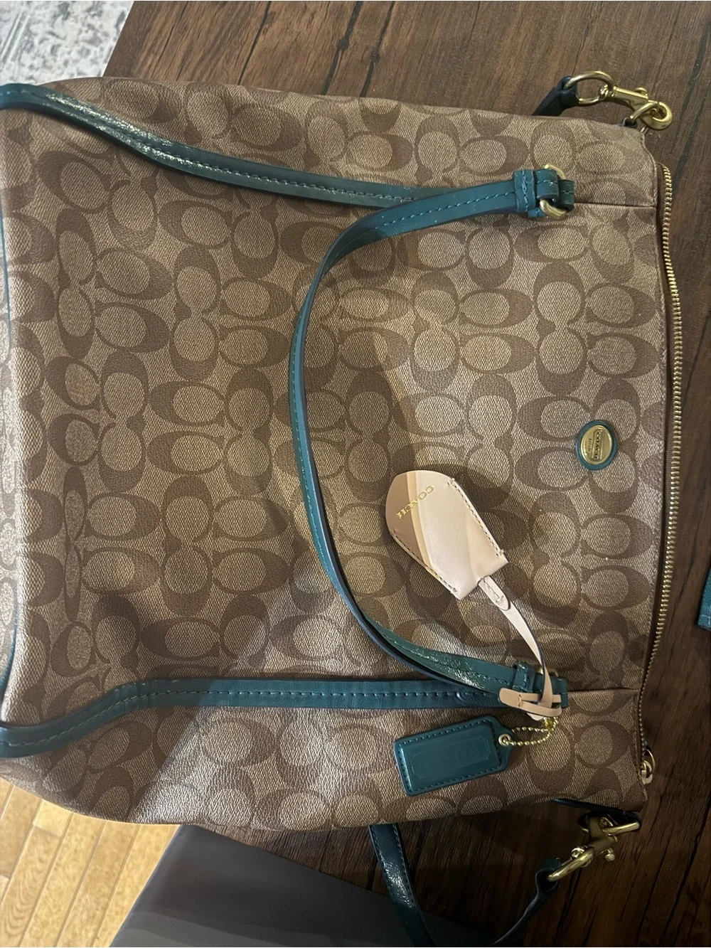 Coach Beige Signature Shoulder Bag with Teal Trim